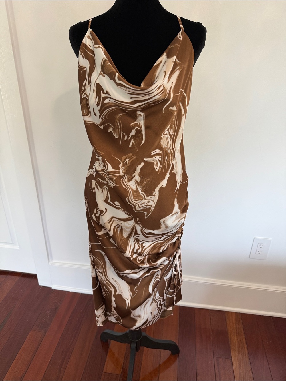 Brown Marble Slip Dress with Cowl Neck
